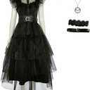 Halloween Women Black Gothic Tulle Cosplay Dress Party Ruffle Layered Prom Dance Costume Belt Necklace, S (No Necklace)