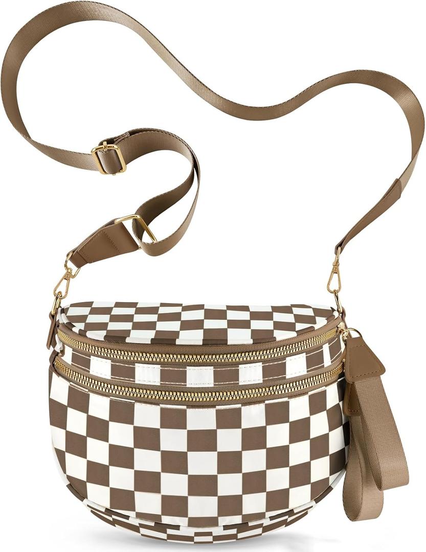 Checkered Crossbody Bags for Women, Large Nylon Bum Bags Plus Size Fanny Pack Sling Bag Belt Bag for Women Travel, Caramel Checkered