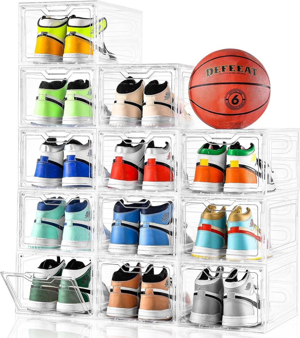 12 Pack Thicken & Sturdy Clear Shoe Storage Organizer with Magnetic Door, Shoe Boxes Clear Plastic Stackable for Closet, Shoe Rack for Sneaker Boot Container, Shoe Cabinet Fit up to US Size 12 (12 Count Fit Size 12)