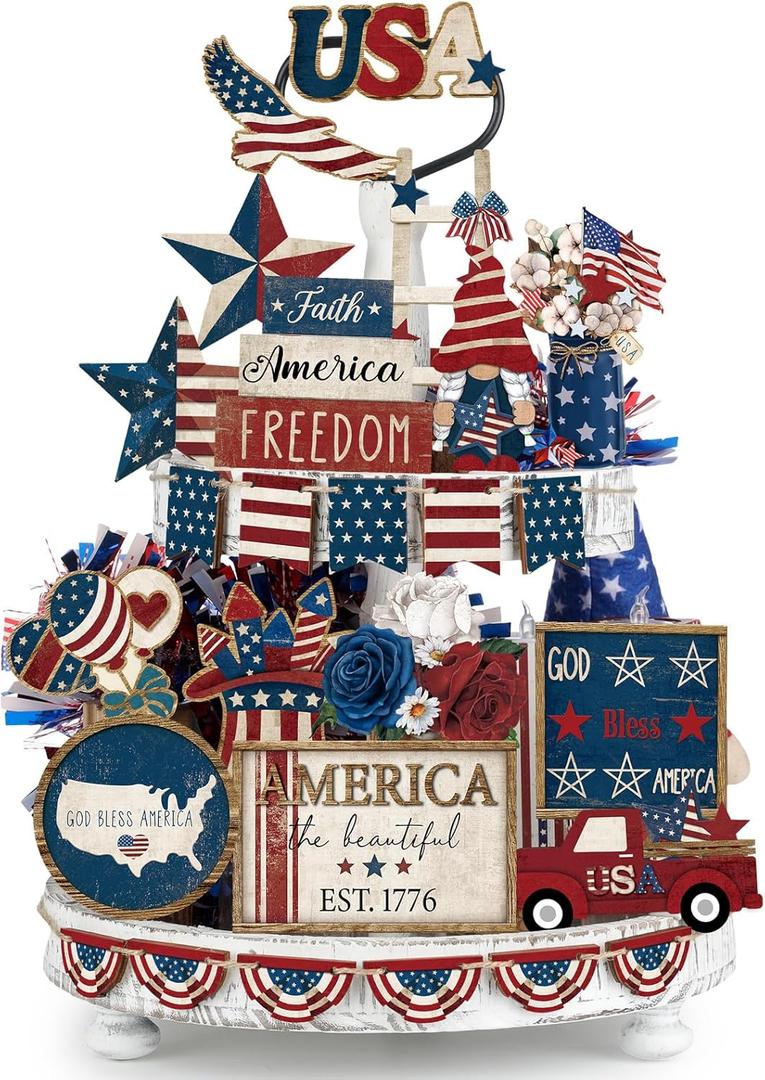 26 Pcs 4th of July Tiered Tray Decoration Patriotic USA Wood Signs Rustic America Flag Red White and Blue Tiered Tray Decorations for Memorial Day Home 250th Anniversary Birthday Party