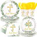 350Pcs God Bless Party Supplies Cross Floral Baptism Plates Napkins Cups Forks Knives Spoons Green Gold First Communion Tableware Set for Christening Baby Shower Party Supplies Serves 50