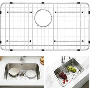 GUUKIN Sink Protectors for Kitchen Sink, 26" x 14" Stainless Steel Sink Protector with Rear Drain Hole, Sink Rack with Extra Replacement White Rubber Feet