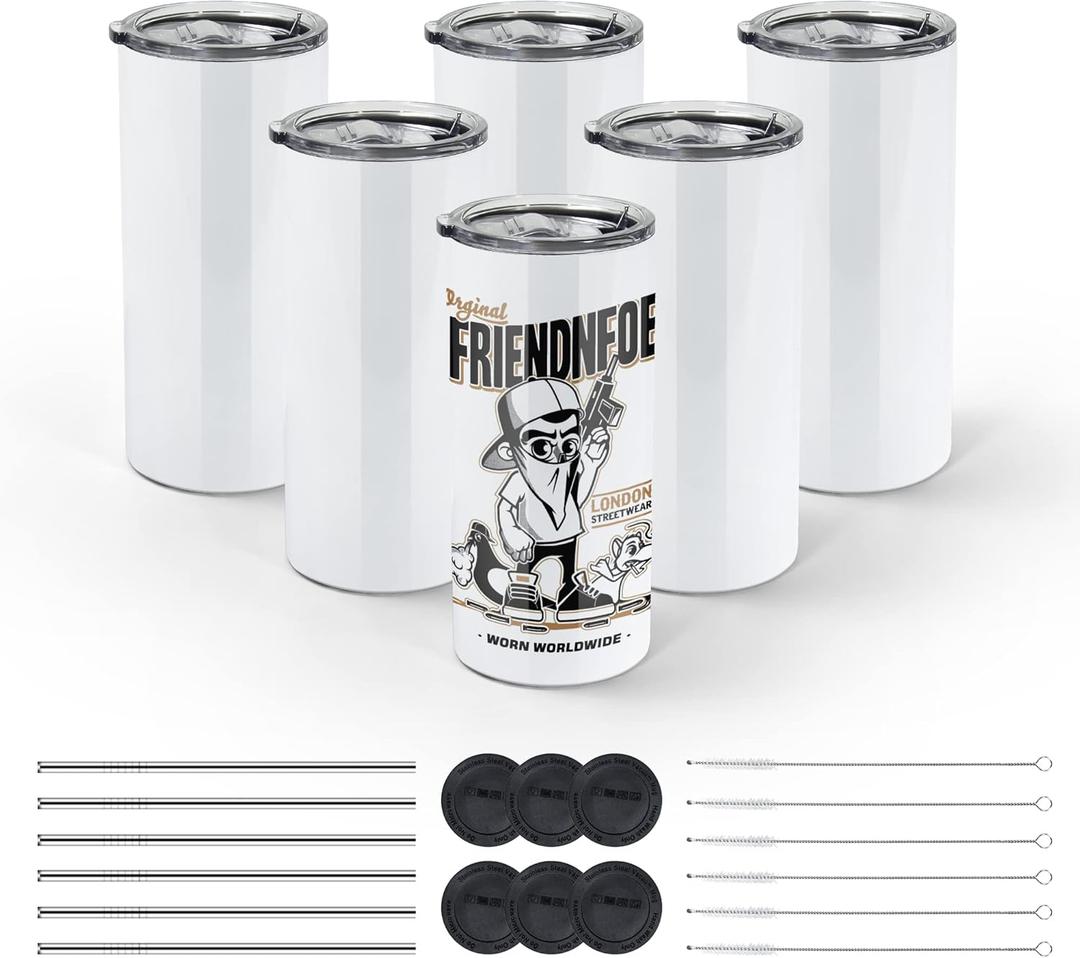 AGH 6 Pack 22 oz White Sublimation Tumblers with Metal Straw, Stainless Steel Double Wall Insulated Straight Fatty Cups Blank with Splash Lid