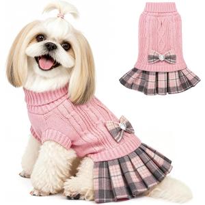 YUDODO Small Dog Sweater Dress with Bowtie Turtleneck - Knitted Pet Girl Dog Winter Clothes - Pet Warm Sweater for Puppy Yorkies, Chihuahua (L Pink)