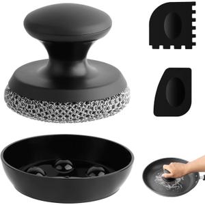 Cast Iron Scrubber Cleaner, Chainmail Scrubber for Cast Iron Pan Skillet, Dish Scouring Pad, 316 Stainless Steel Brush/ Scraper for Metal Skillet Scrubbing, Wok, Dutch Oven Cleaning Kit - Thin Mesh