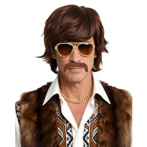 Men's Brown Medium-Length Wig with Moustache and Gold-rimmed Glasses Set Halloween Character Costume Wig (Brown/Medium)