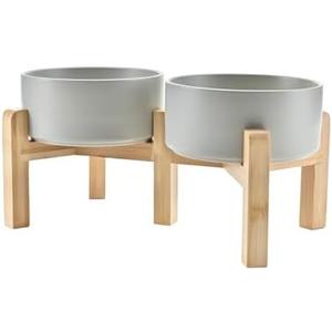 SPUNKYJUNKY Elevated Dog Bowls Ceramic, 6.1'' Dogs and Cat Food Water Bowls Raised with Non-Slip Bamboo Stand for Medium Sized Breed Microwave Dishwasher Safe - 28.7 OZ,Grey