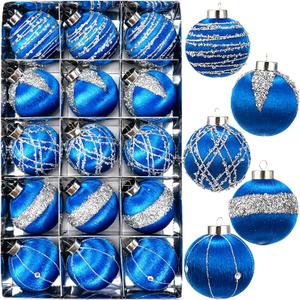 15 Pack 3.15" Fancy Christmas Tree Ornaments Set Large Christmas Baubles for Festive Decor Velvet Shatterproof Ornaments for Tree with Assorted Styles Satin Great as Christmas Ball Bulk Blue