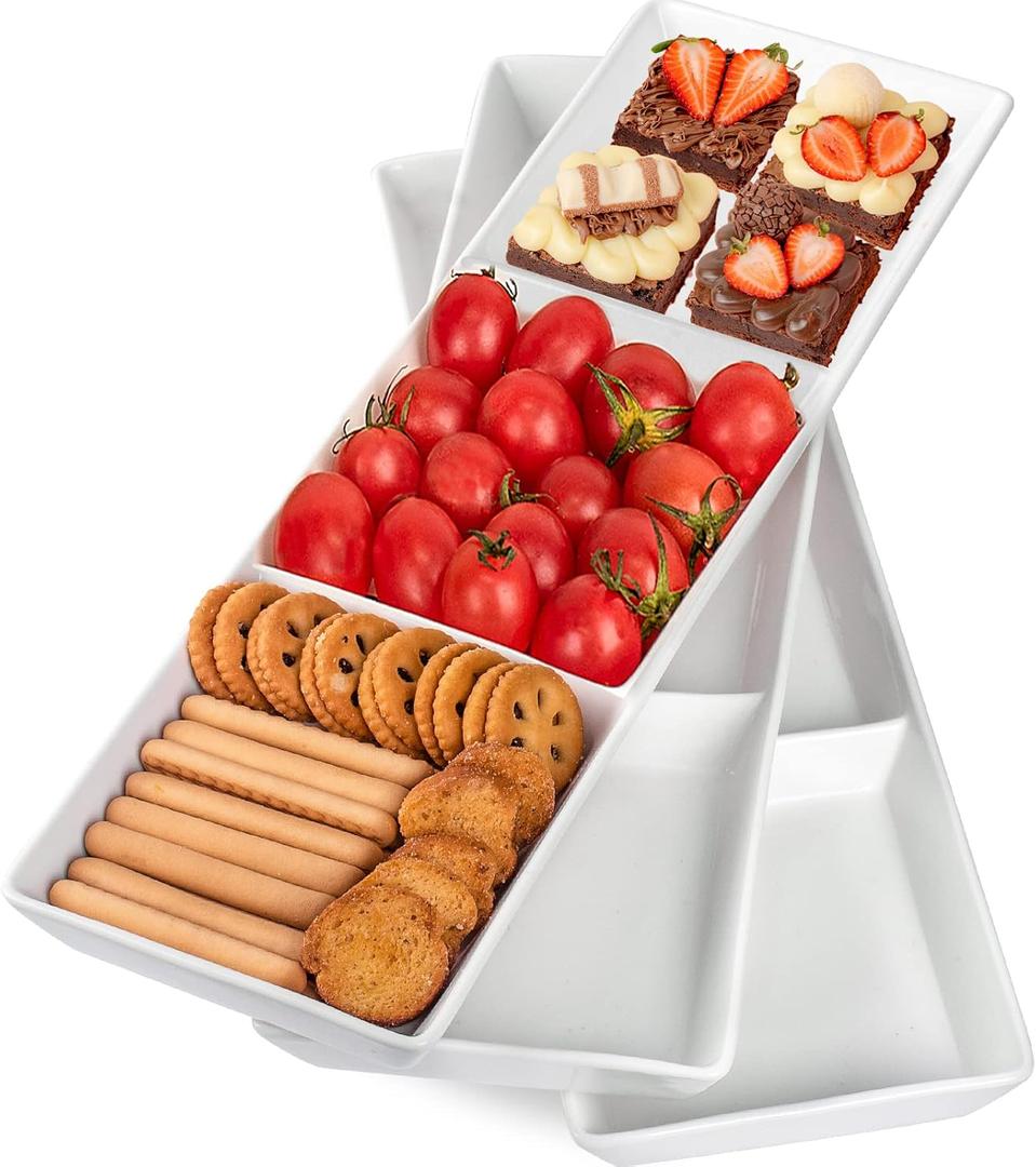 DELLING 16" x 5" Ceramic 3-Section Stackable Serving Tray, Serving Platter Set of 3, 3 Compartment Appetizer Serving Tray, White Divided Serving Dishes, Snack, Food, Dessert Platters