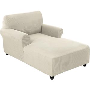 FantasDecor Chaise Lounge Cover Stretch Chair Lattice Slipcover with Armrests for Living Room Bedroom Double Arm Soft Jacquard Fabric Machine Washable, Beige