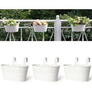 Dahey Metal Iron Hanging Flower Pots for Railing Fence Hanging Bucket Pots Countryside Style Window Flower Plant Holder with Detachable Hooks Home Decor,White,3 Pcs