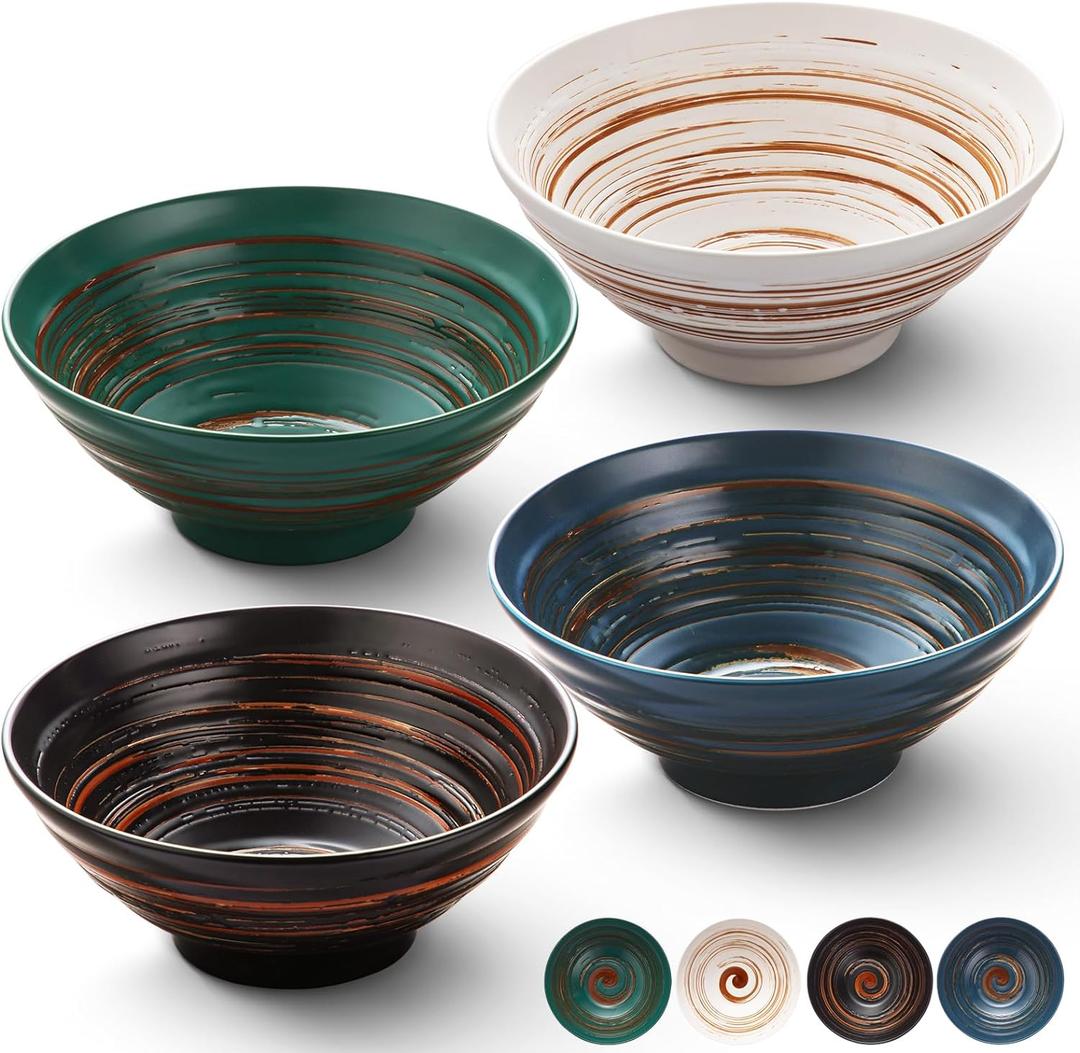 YUN TAO Ceramic Ramen Bowls Set of 4, 35 oz Large Japanese Style Serving Bowls for Salad,Udon, Soba, Pho,Pasta, Asian Soup Noodle,Suitable as Housewarming Gifts