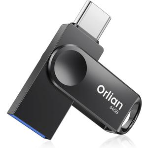64GB USB C Flash Drive, Dual Drive USB 3.0 and Type C Thumb Drive Up to 110MB/s Read Metal Waterproof Swivel Design Portable for PC Laptop Tablet Android Smartphone iPhone 15 and More, Black