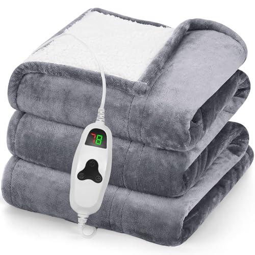 Heated Blanket Electric Throw, Heating Blanket Fleece Soft Sherpa Blanket,Gifts for Grandma Mom Seniors, Misty Grey, 127x152 cm