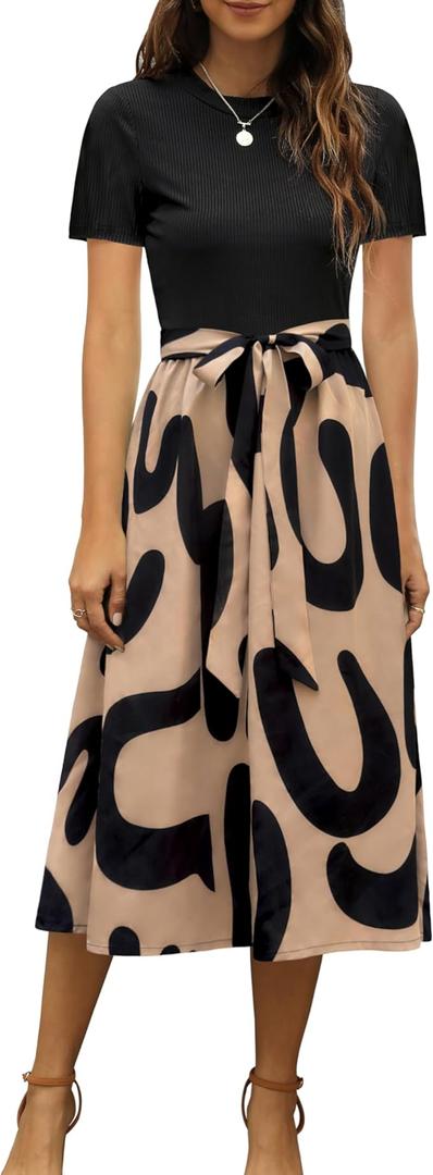 Zattcas Women Short Sleeve Ribbed Midi Dress Modest Casual Work Dress with Pockets
Size L