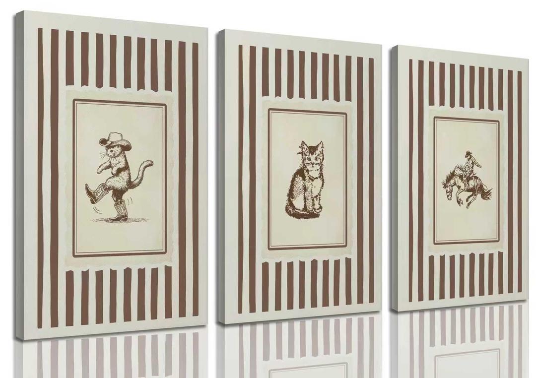 3 Piece Cowboy Cat Canvas Wall Art Framed Western Wall Decor 16x24 Inch