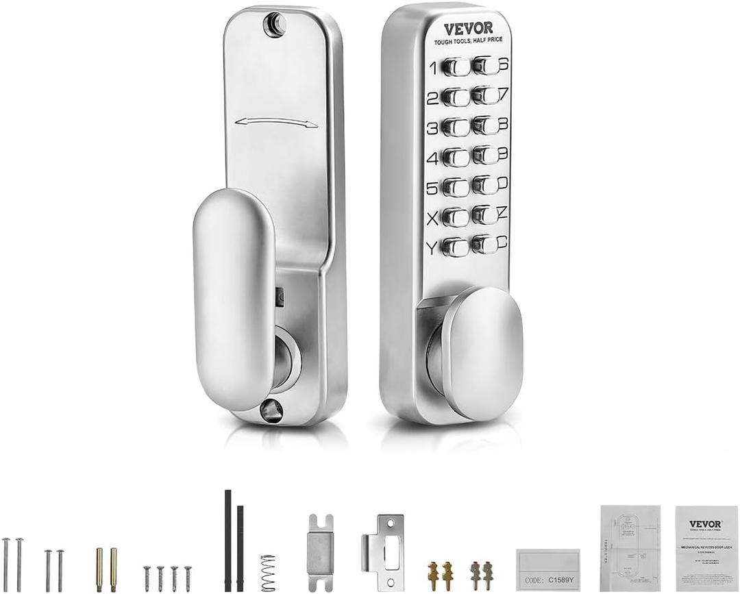 VEVOR Mechanical Keyless Entry Door Lock, 14 Key Mechanical Door Lock, Mechanical Keypad Door Knob, Single-Side Stainless Steel Waterproof Keyless Gate Lock, for Home Office Outdoor Fence Garage Yard (Pearl Chrome)