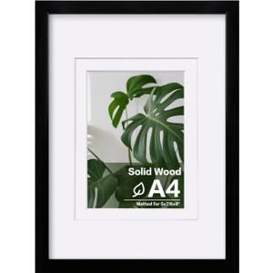 Egofine A4 Picture Frame Black Covered by Plexiglass Made of Solid Wood, Display Pictures 4x6/6x8 with Mat or A4 Without Mat for Table Top and Wall Mounting