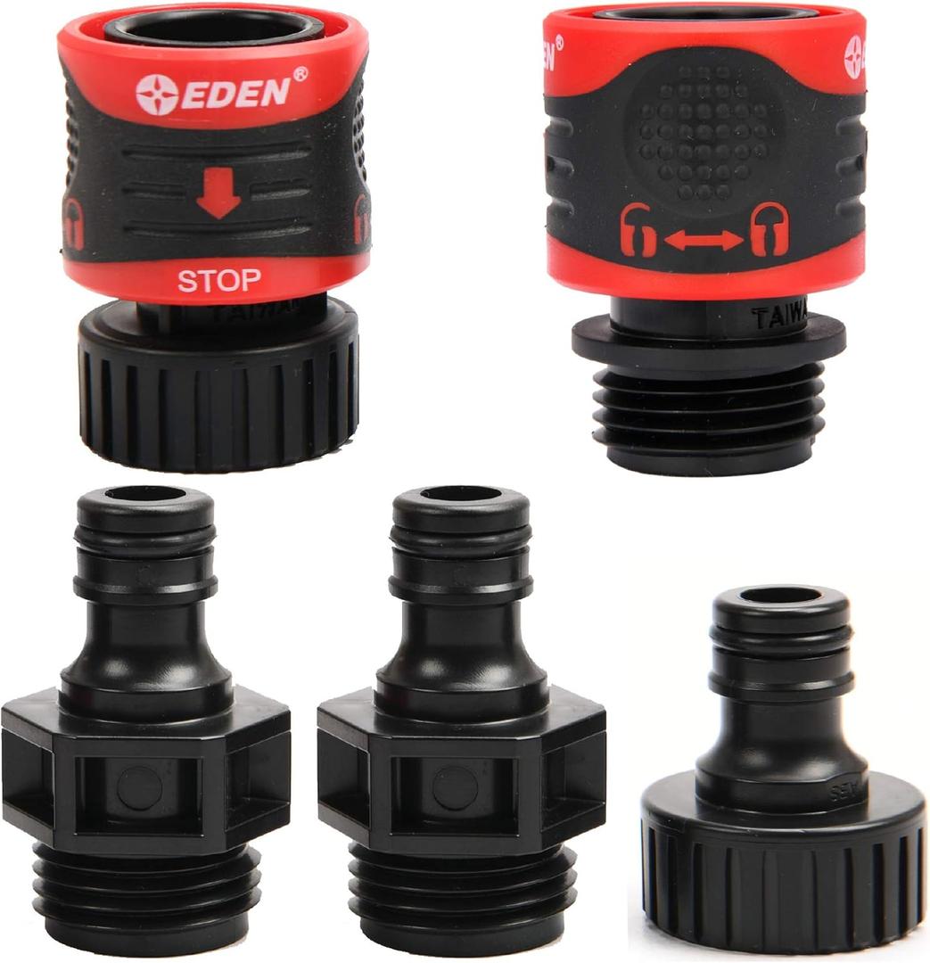 Eden 95210 Premium Garden Hose Fitting Quick Connect with Water Stop & Lock Feature, 5 pc Set