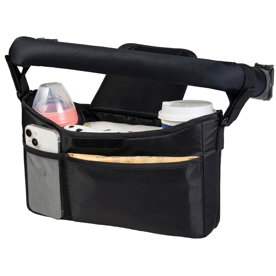 Tiny Twinkle Universal Stroller Organizer with Adjustable Strap - Waterproof Stroller Caddy Fits Baby Jogger, Nuna, Graco, Donna and Bugaboo StrollersBlack
