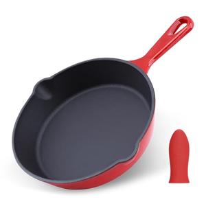 Enameled Cast Iron Skillet with Pour Spouts for Searing Baking Grilling and Roasting,8inch Frying Pan Cookware with Silicone Handle Cover,Durable Oven Safe Pan,Stove Campfire Use(Red)