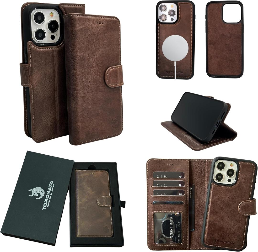 Vegas Wallet Phone Case Compatible with iPhone 15 Pro Max 6.7in  Elegant Full-Grain Leather Phone Case Wallet  Card Holder Wallet RFID Blocking with Kickstand, Card Slots (Dark Brown)
