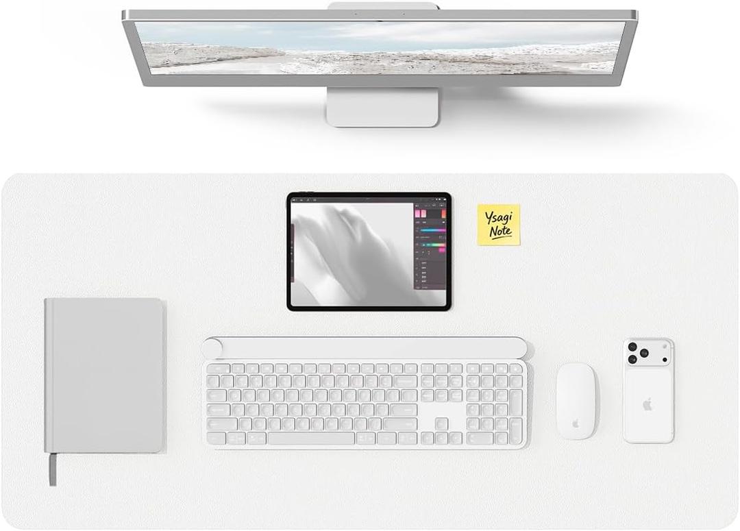 YSAGi Leather Desk Protector, Office Mat, Large Mouse Mat, Non-Slip PU Leather Blotter, Laptop Desk Pad, Waterproof Writing Pad for Office and Home (White, 35.4" x 17")