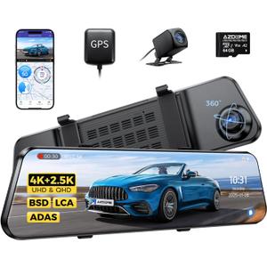 AZDOME PG17 Max 4K+2.5K Mirror Dash Cam with ADAS, BSD and LCA, 12" Rear View Mirror Camera with 5GHz WiFi and Voice Control, Rearview Mirror Backup Camera Includes 64GB Card, GPS, Parking Monitor