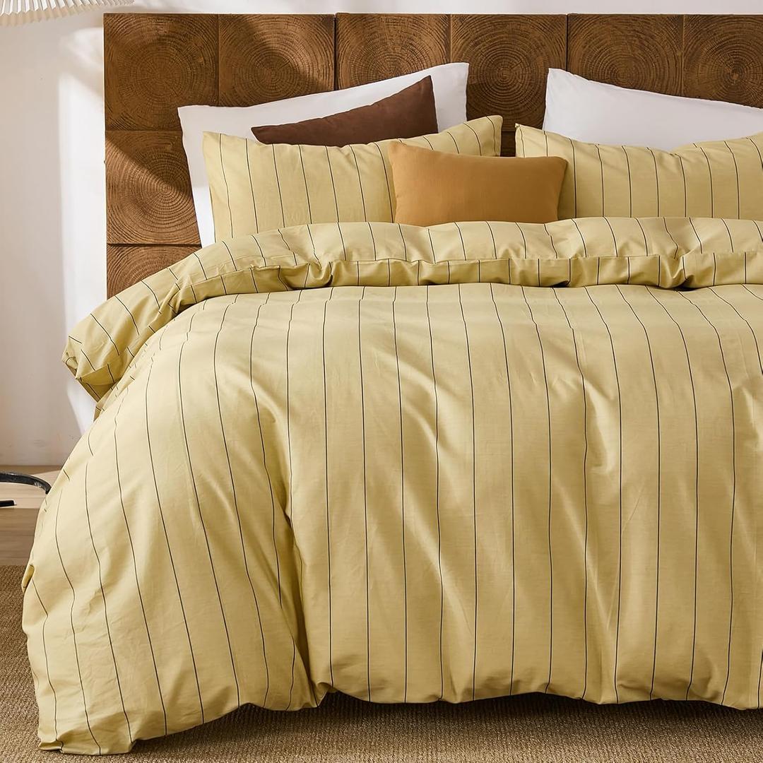 Merryword Yellow Striped Duvet Cover Set King Size, Natural Cotton Bedding Set with Zipper Closure & 8 Corner Ties, Soft Breathable Luxury Linen Like Bedding for All Seasons