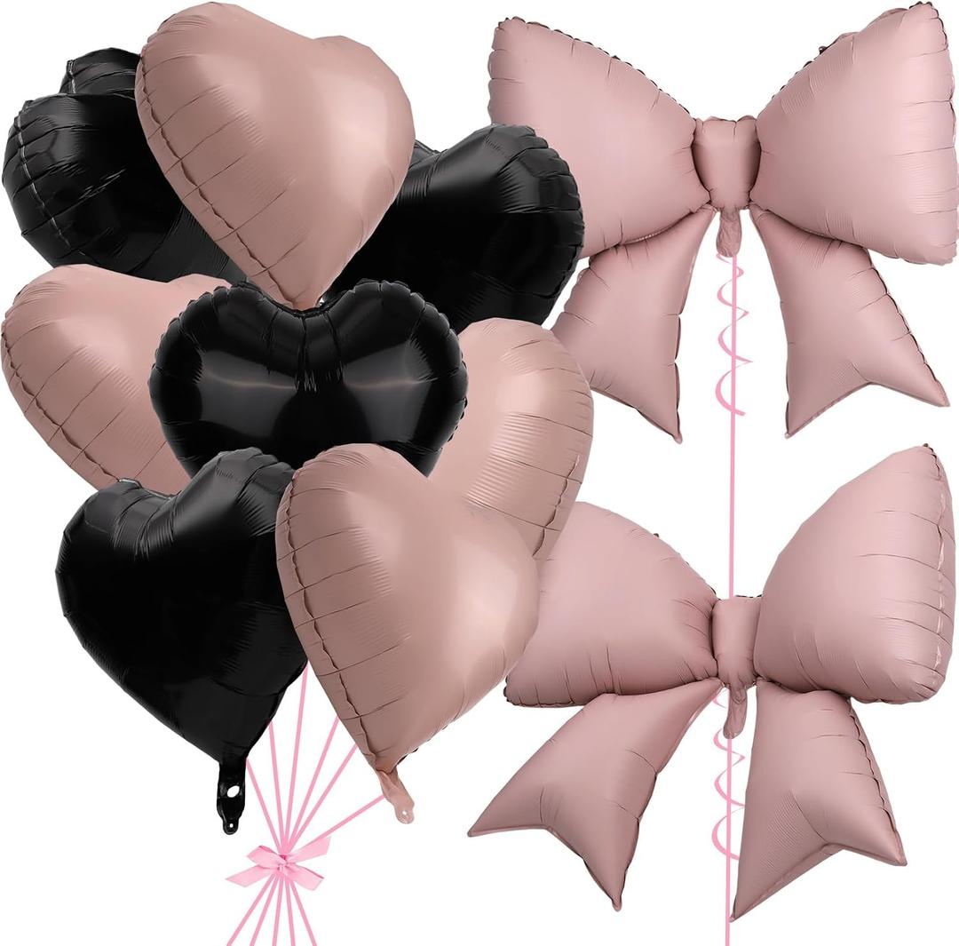 10pcs Pink Black Bow & Heart Balloons, Pink and Black Heart Shaped Bow Balloons Coquette Bridal Birthday Party Valentines Decor Decorations Supplies