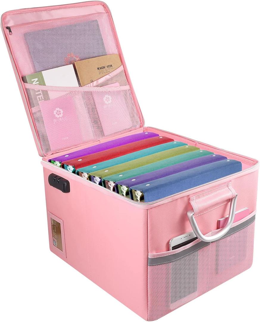 Fireproof Document Box, Fireproof Organizer Safe Box with Lock, Portable Office Storage Cabinet for Hanging Letter/Legal Folder 16.1 x 12.9 x 11in(Pink)