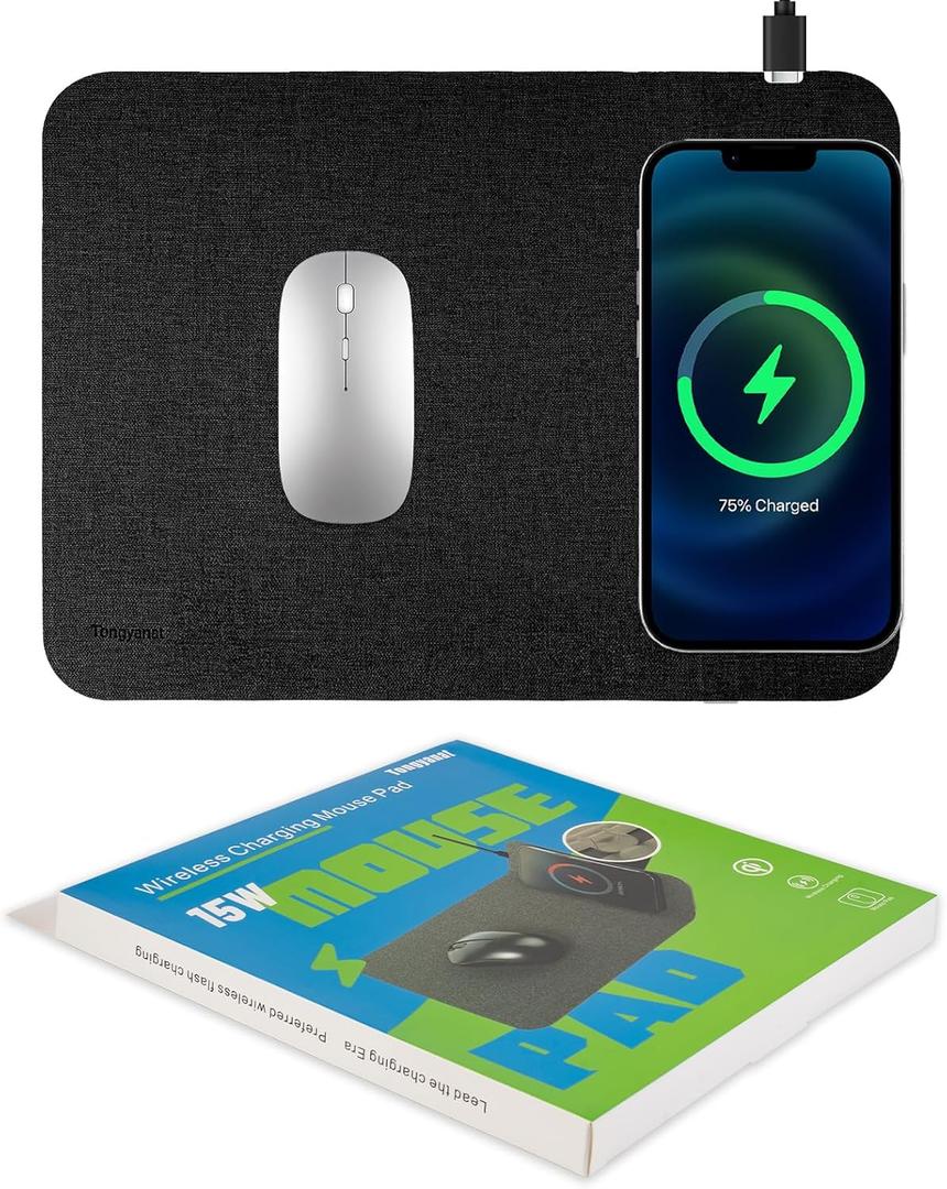 Fast Wireless Charging Mouse Pad 15W, Office Desk Pad with Ultra-Smooth Surface Non-Slip Rubber Base, Waterproof Mousepad for Computers/Office/Work/Home/Pad for iPhone Samsung (Black)