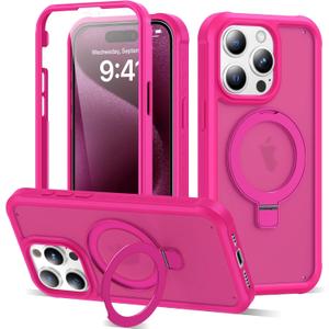 Compatible with iPhone 15 Pro Max Case with Magnetic Ring Stand [Compatible with Mag-Safe] [Built-in Screen Protector] Military-Grade Shockproof Translucent Matte Phone Case, Rose Red