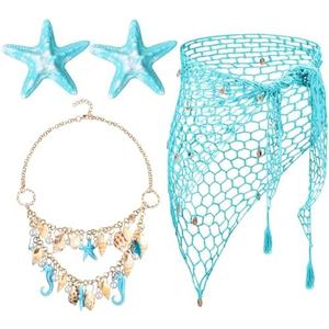 Cotwinter 4 Pcs Halloween Mermaid Cosplay Costume Women Halloween Mermaid Crochet Skirt Necklace Starfish Hair Clip
