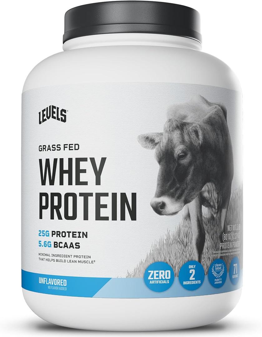 Levels Grass Fed Whey Protein Powder, No Artificials, 25G of Protein, Unflavored, 5LB (5 Pound (Pack of 1)) (BB: 07/01/2027)