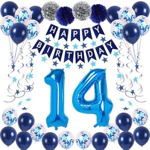 NANINUNENO 14th Blue Birthday Party Decorations for Boys Girls, Happy 14 Birthday Balloons Supplies with Happy Birthday Banner, 14 Number Balloons, Blue Star Streamers, Hanging Swirls