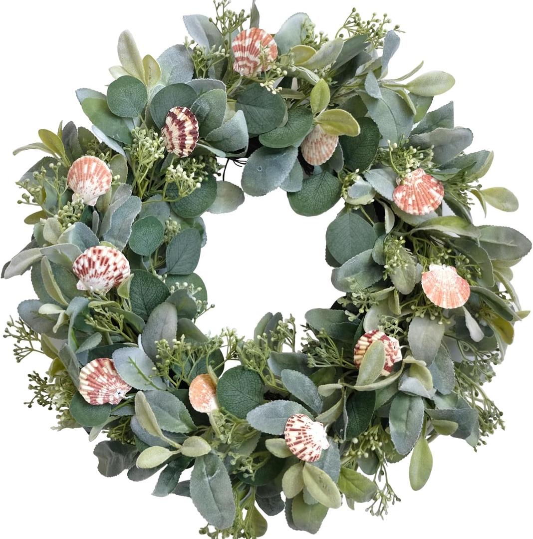TEMPUS 24" Artificial Eucalyptus Wreath for Front Door - Spring Summer Farmhouse Decorwith Lamb's Leaves Shells Indoor/Outdoor Green Wreath