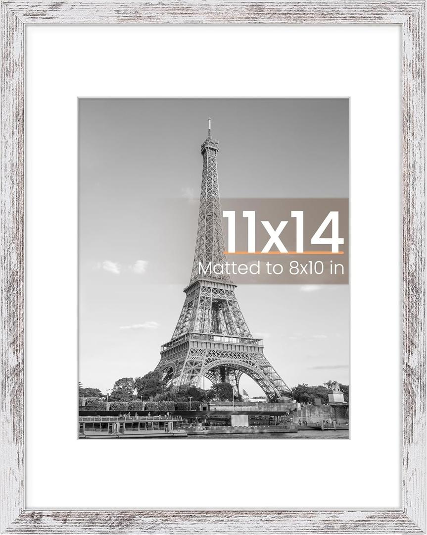 upsimples 11x14 Picture Frame, Display Pictures 8x10 with Mat or 11 x 14 Without, Wall Hanging Photo Frames, Rustic White, Pack of 1