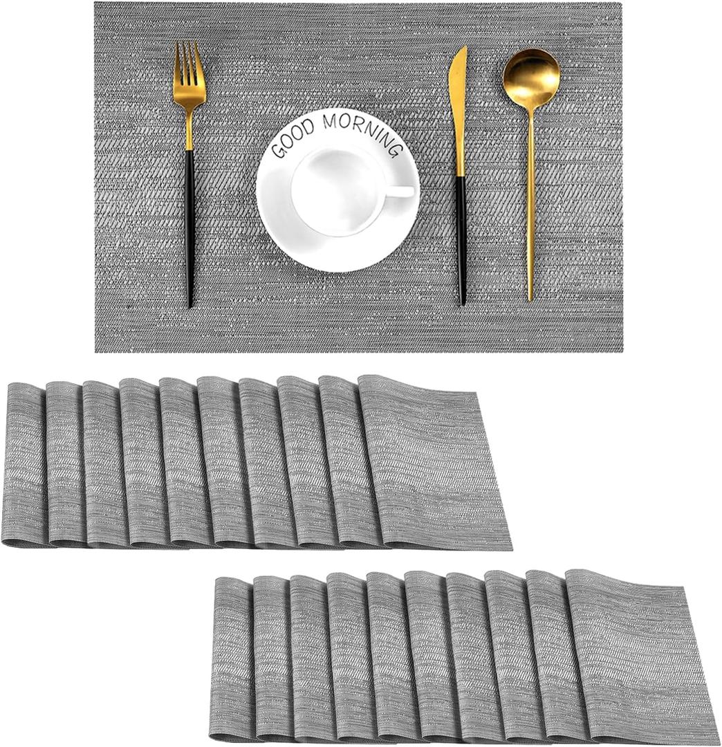 Leetaltree Grey Placemats, Heat Resistant Non-Slip Place mats for Dining Table, Washable Durable PVC Vinyl Woven Table Mats (Set of 20) (Gray)