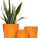 Ceramic Plant Pots, 6.7 + 5.3 + 3.9 Inch Octagon Pots for Plants, Flower Planters for Indoor with Drainage and Saucer Set of 3, Bright Orange