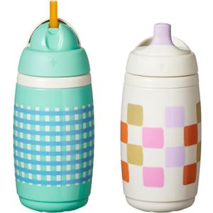 Tommee Tippee Active Straw Toddler Cups, 9 oz, Insulated Sippy Cups For Toddlers 1-3, Silicone Straw and Leak-Proof Valve, Mint and Beige, Pack of 2