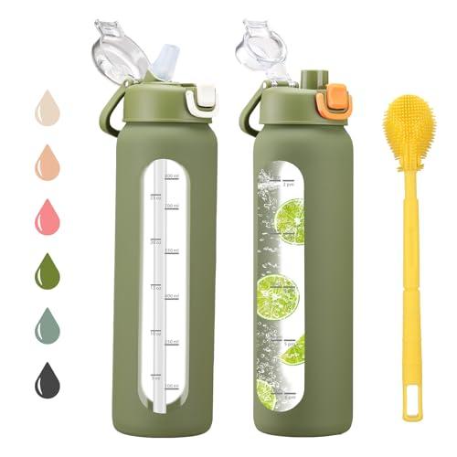 chunmo 32 oz Glass Water Bottles with 2 Lids-Handle Spout Lid & Straw Lid, 1 Liter Motivational Borosilicate Water Bottle with Time Marker and Silicone Sleeve,Leakproof-Army Green-1 Pack