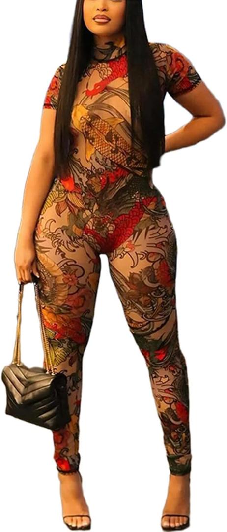 ksotutm Sexy Jumpsuits for Women Mesh Print Short Sleeve Bodycon Jumpsuit (Small, Red)