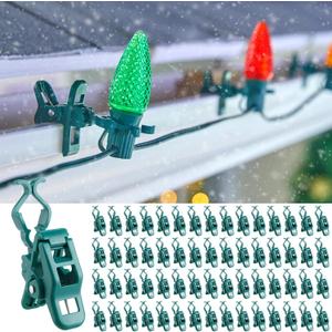 Minetom C7 C9 Christmas Light Clips Outdoor, 100 Count Holiday Universal Quick Christmas Light Spring Clips for Outside Roof Gutter Shingle Fence, E12 E17 Socket (Green)