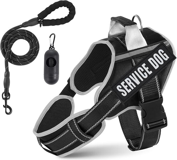 Neck Padded Dog Vest Harness and Leash Set, No Pull Adjustable Service Pet Harness with 8 Dog Patches, Reflective in Training Easy Control Pet Vest with 5ft Dog Leash for Medium & Large Dogs
