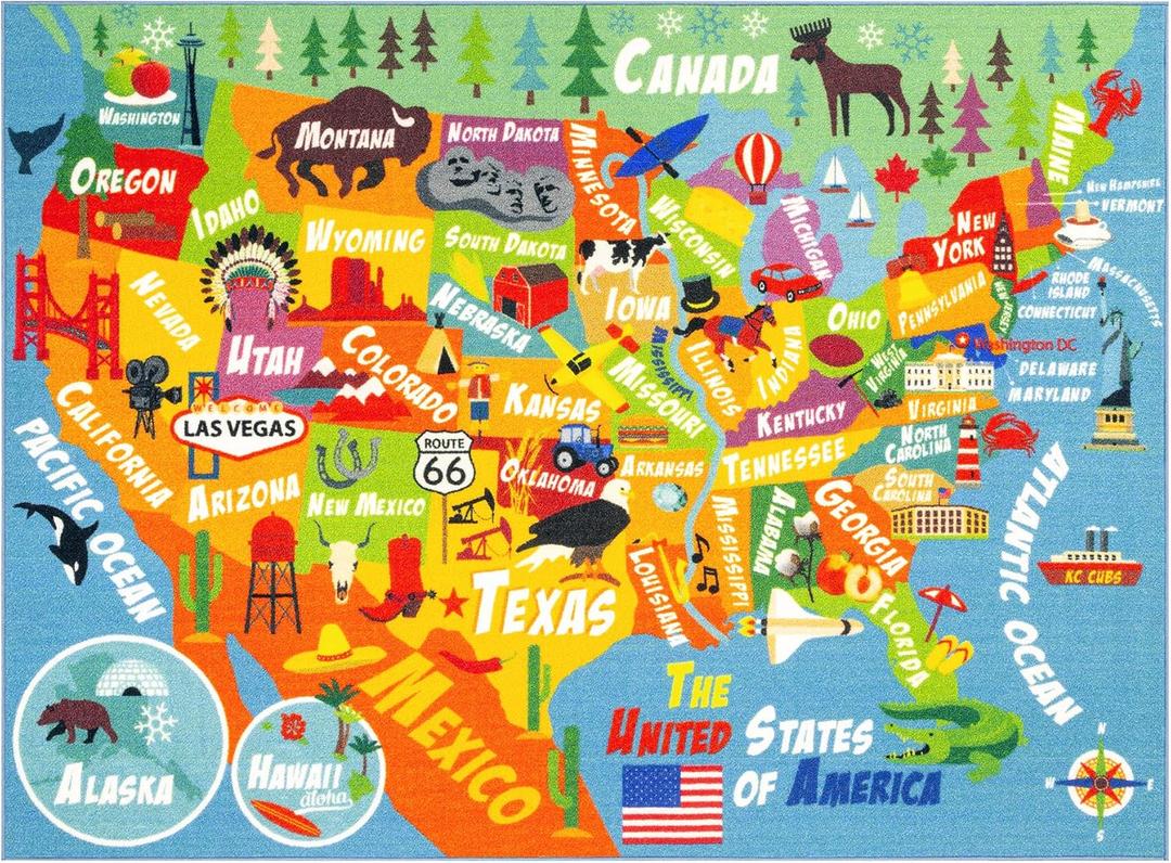 KC Cubs: Educational Rug: USA Map - 8x10' Playmat -Interactive Geography Play, United States Activity Area Carpet, Bedroom-Classroom, Baby-Toddler-Kid (6" x 8'5" (Rectangular))