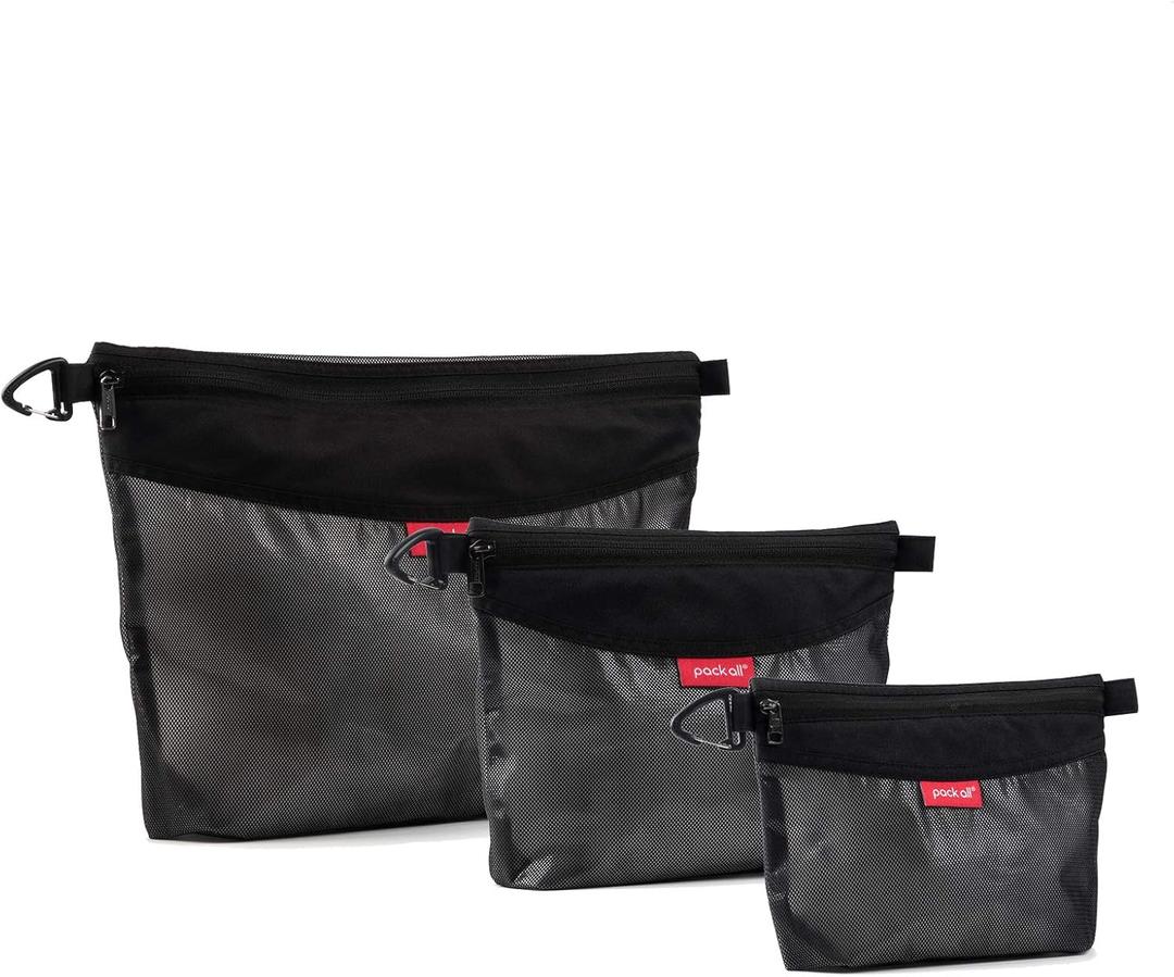 pack all 3 Pcs Water-resistant Material Zipper Pouch Set, Mesh Zipper Bags for Storage, Travel, Office (Black)