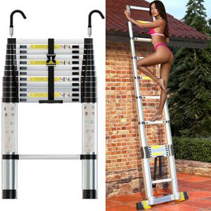 Folding Telescoping Ladder 12.5 FT, Aluminum Extendable Ladder with 2 Detachable Hooks, Retractable Telescopic Extension Ladder for Indoor Or Outdoor, Lightweight Collapsible (Silver Color)