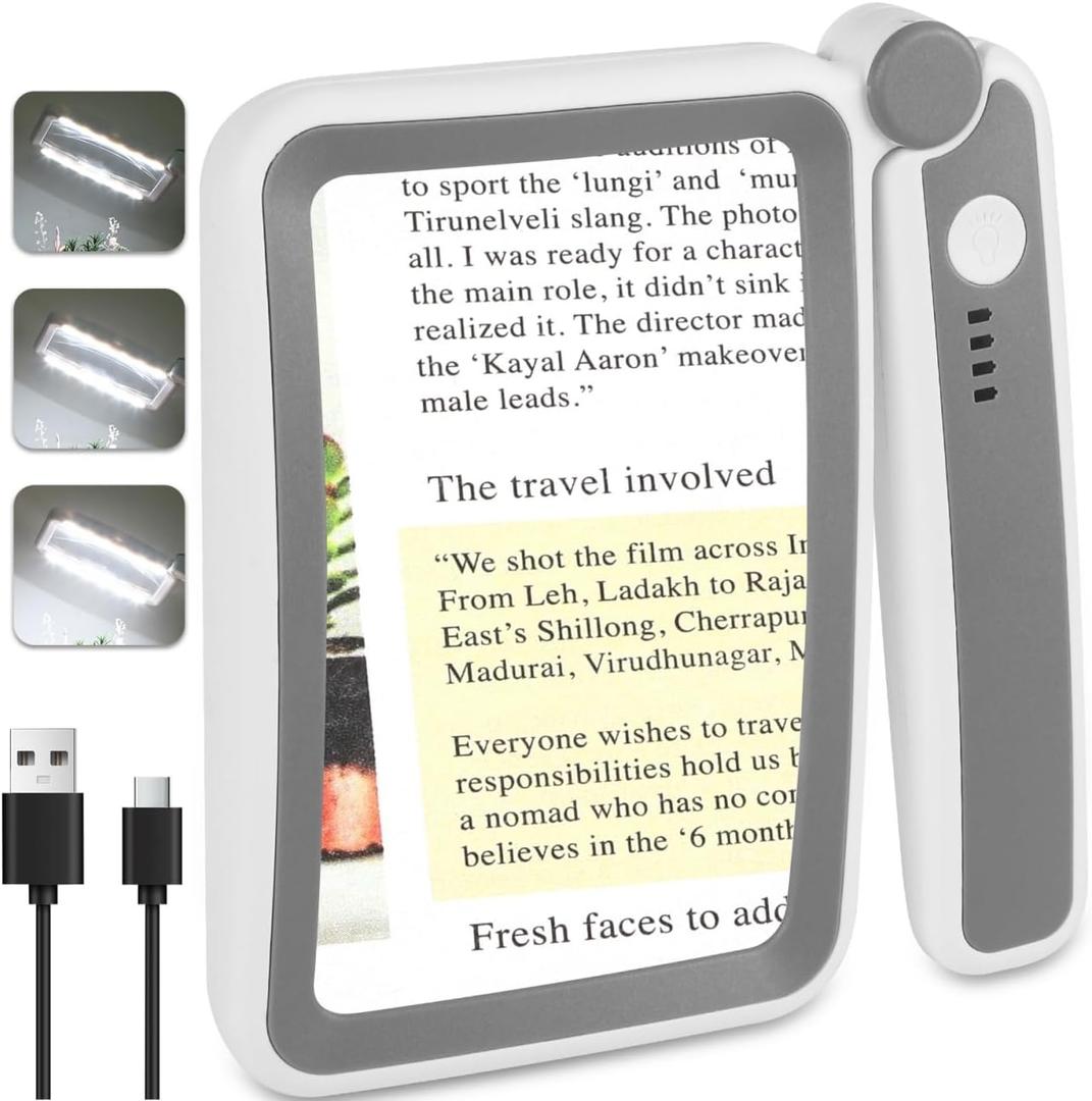 Rechargeable Magnifying Glass with Light for Reading, 5X Large Page Magnifier with LED Lighted for Seniors Low Vision, Folding Handheld Lightweight Rectangle Magnifier for Reading Book Small Print (Grey White)