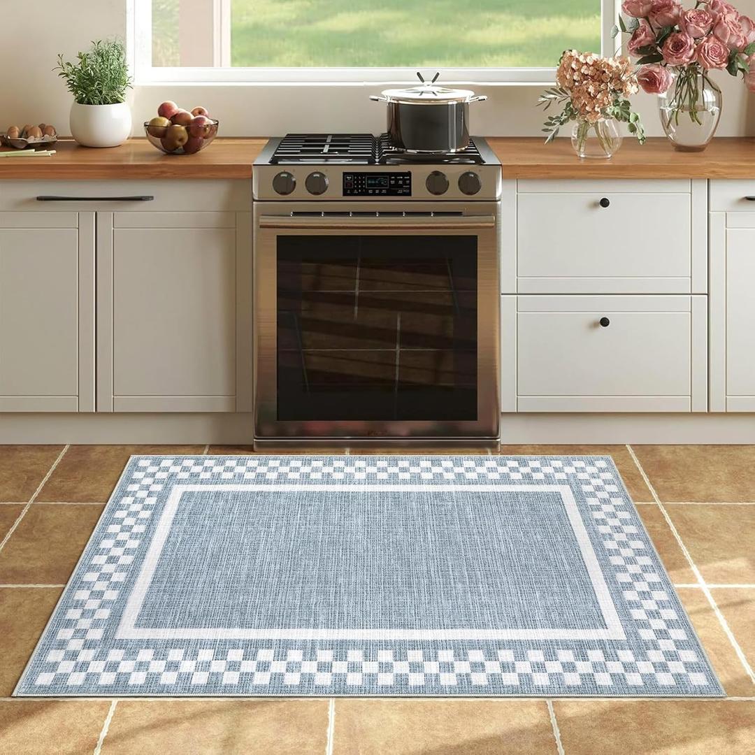 Small Area Rug 2x3 Modern Checkered Entry Rug Solid Color Scalloped Kitchen Rugs Washable Bedroom Doormat Non Slip Stain Resistant Bordered Throw Carpet for Living Room Nursery Laundry, Blue